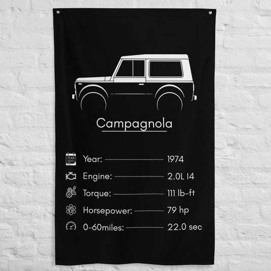 Fiat Campagnola 1974 car silhouette spec flag - White Brick Wall
