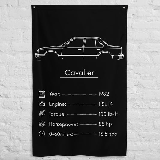 Chevrolet Cavalier 1982 car silhouette spec flag - White Brick Wall
