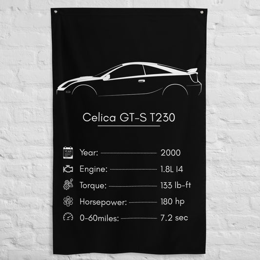 Toyota Celica GT-S T230 2000 car silhouette spec flag - White Brick Wall