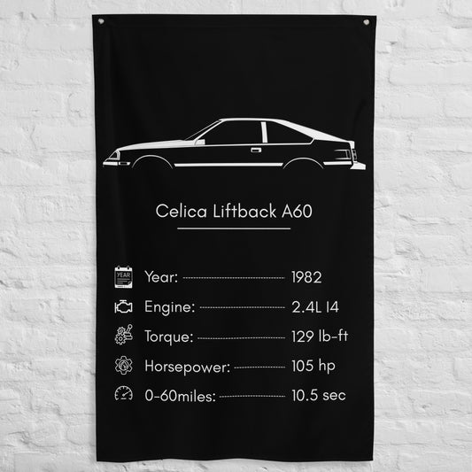 Toyota Celica Liftback A60 1982 car silhouette spec flag - White Brick Wall