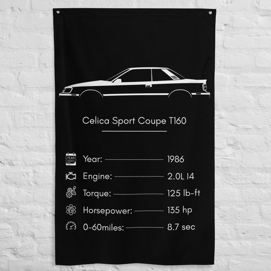 Toyota Celica Sport Coupe T160 1986 car silhouette spec flag - White Brick Wall