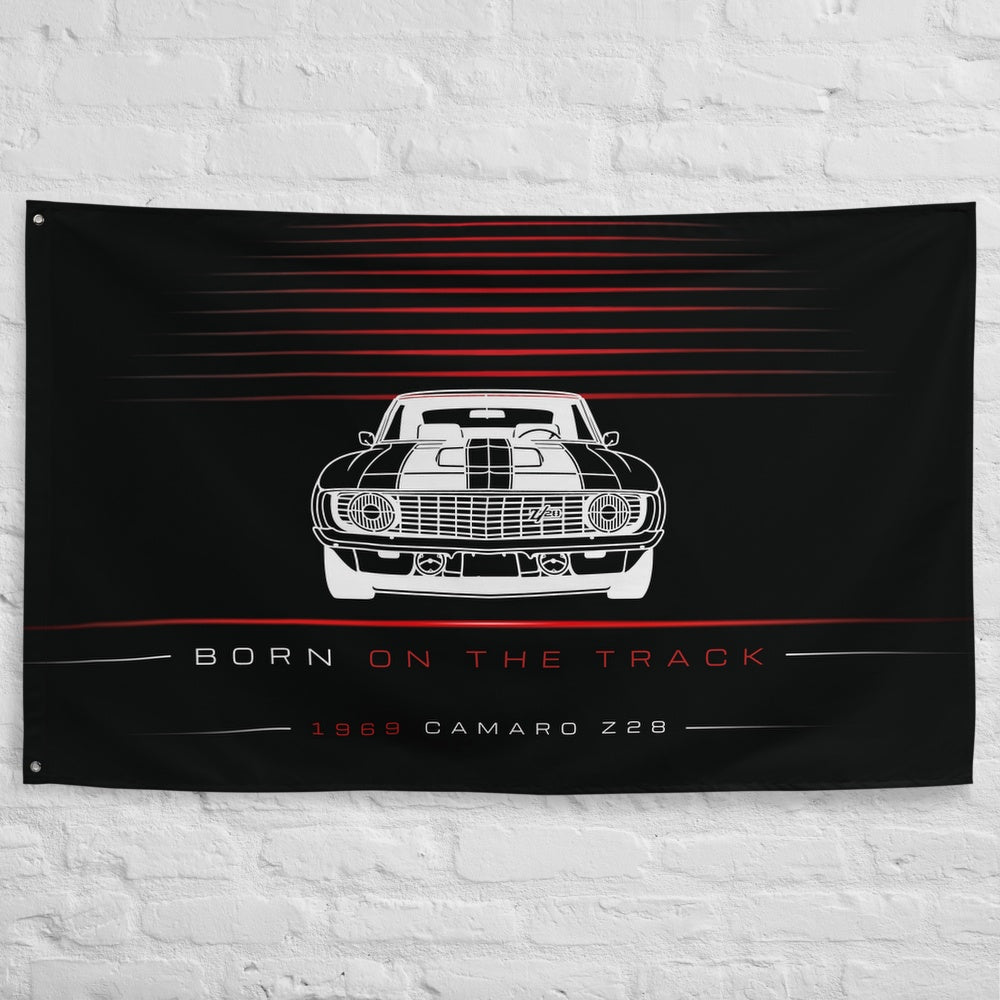 Chevrolet Camaro Z28 1969 car silhouette flag - White Brick Wall