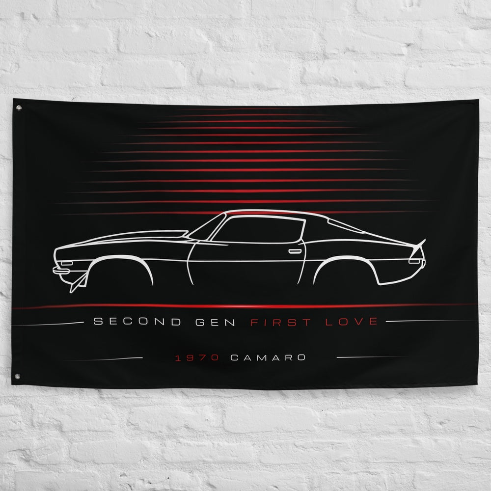 Chevrolet Camaro 1970 car silhouette flag - White Brick Wall
