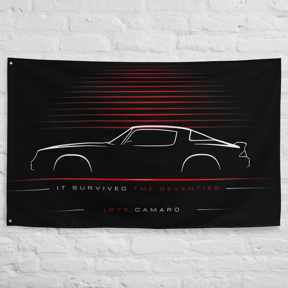 Chevrolet Camaro 1975 car silhouette flag - White Brick Wall