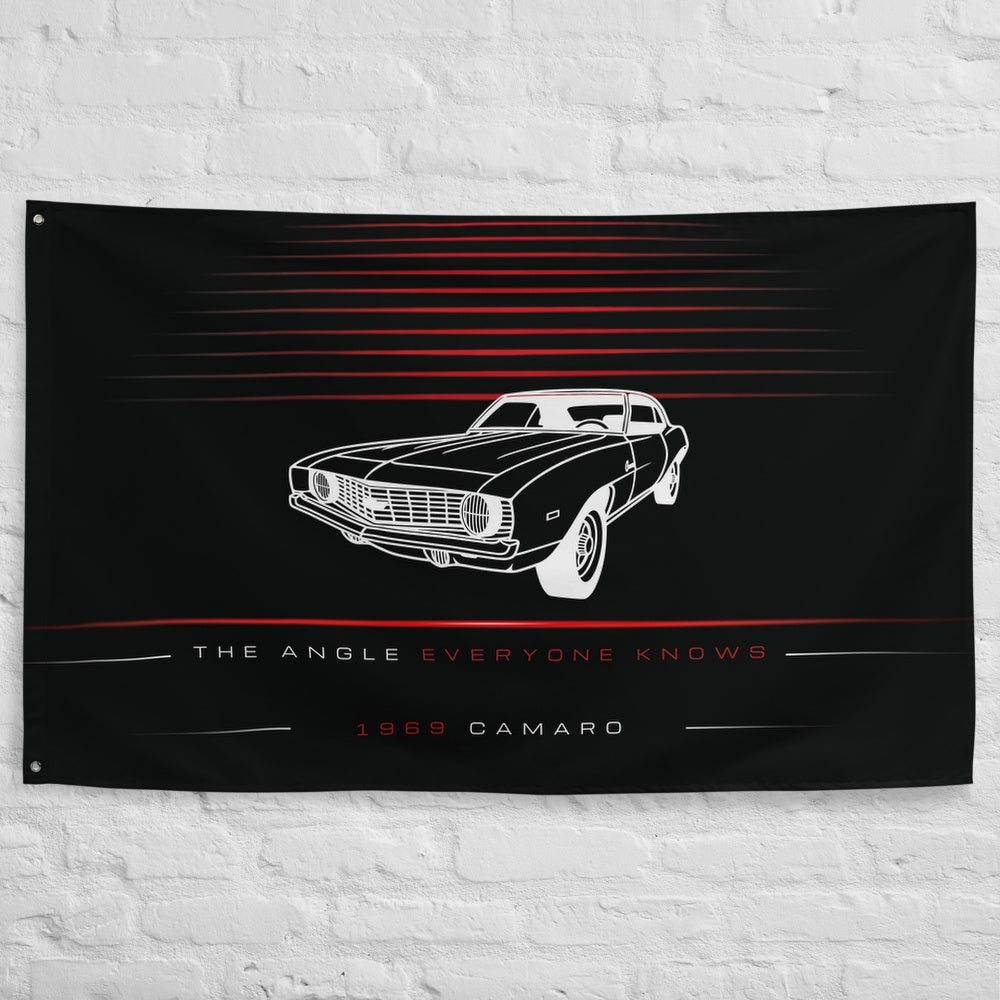 Chevrolet Camaro 3QTR 1969 car silhouette flag - White Brick Wall