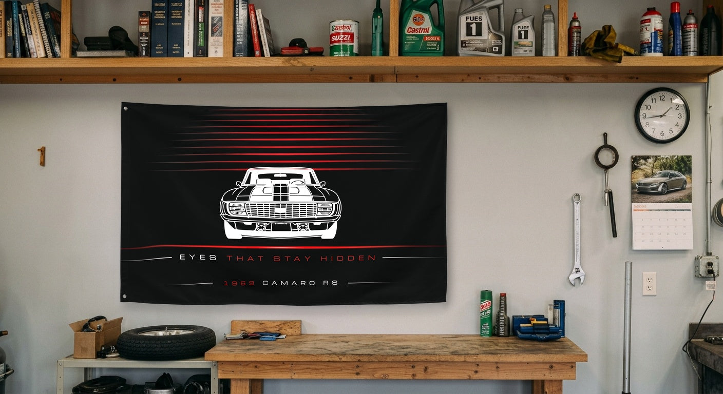 Chevrolet Camaro RS 1969 car silhouette flag - Garage Workbench