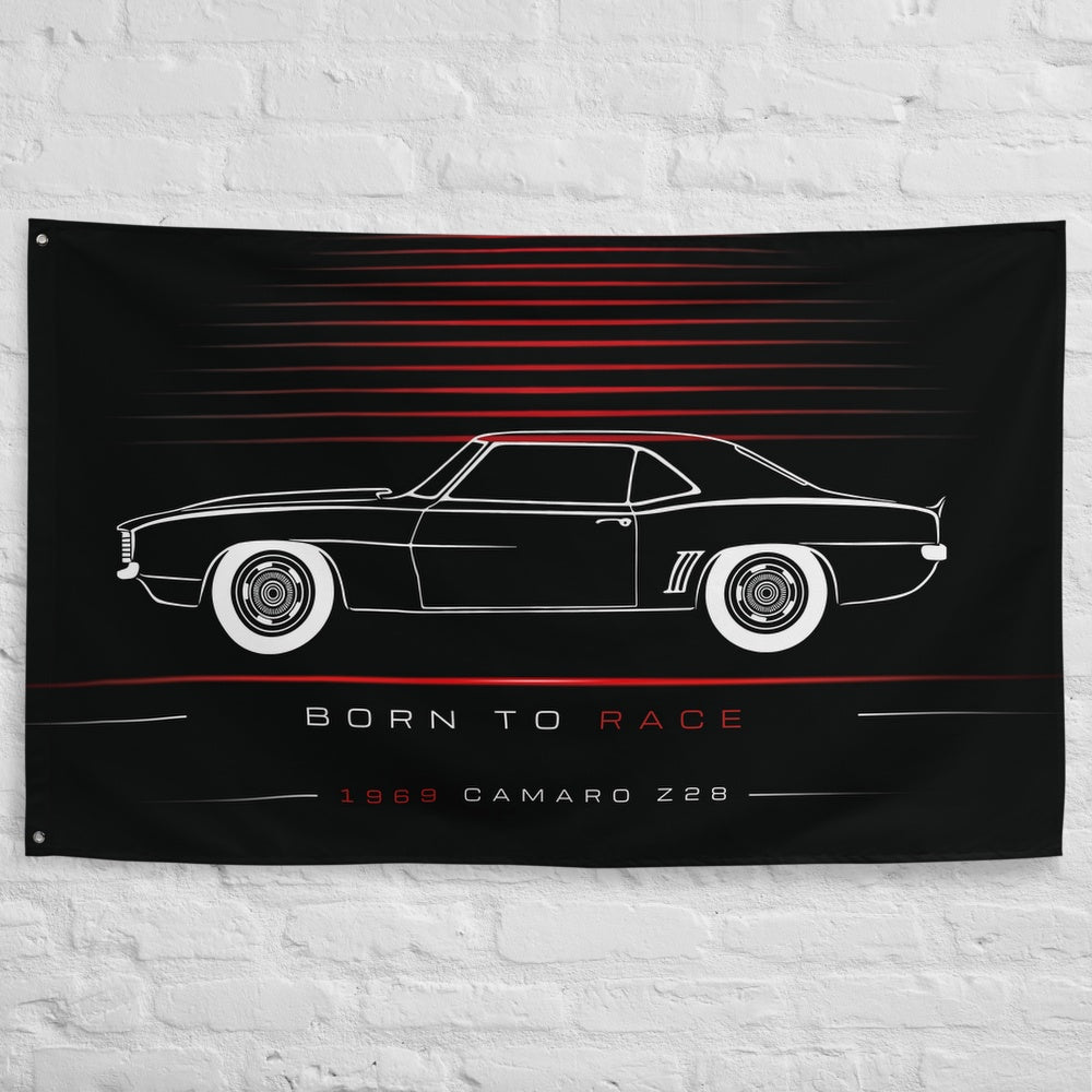Chevrolet Camaro Z28 1969 car silhouette flag - White Brick Wall