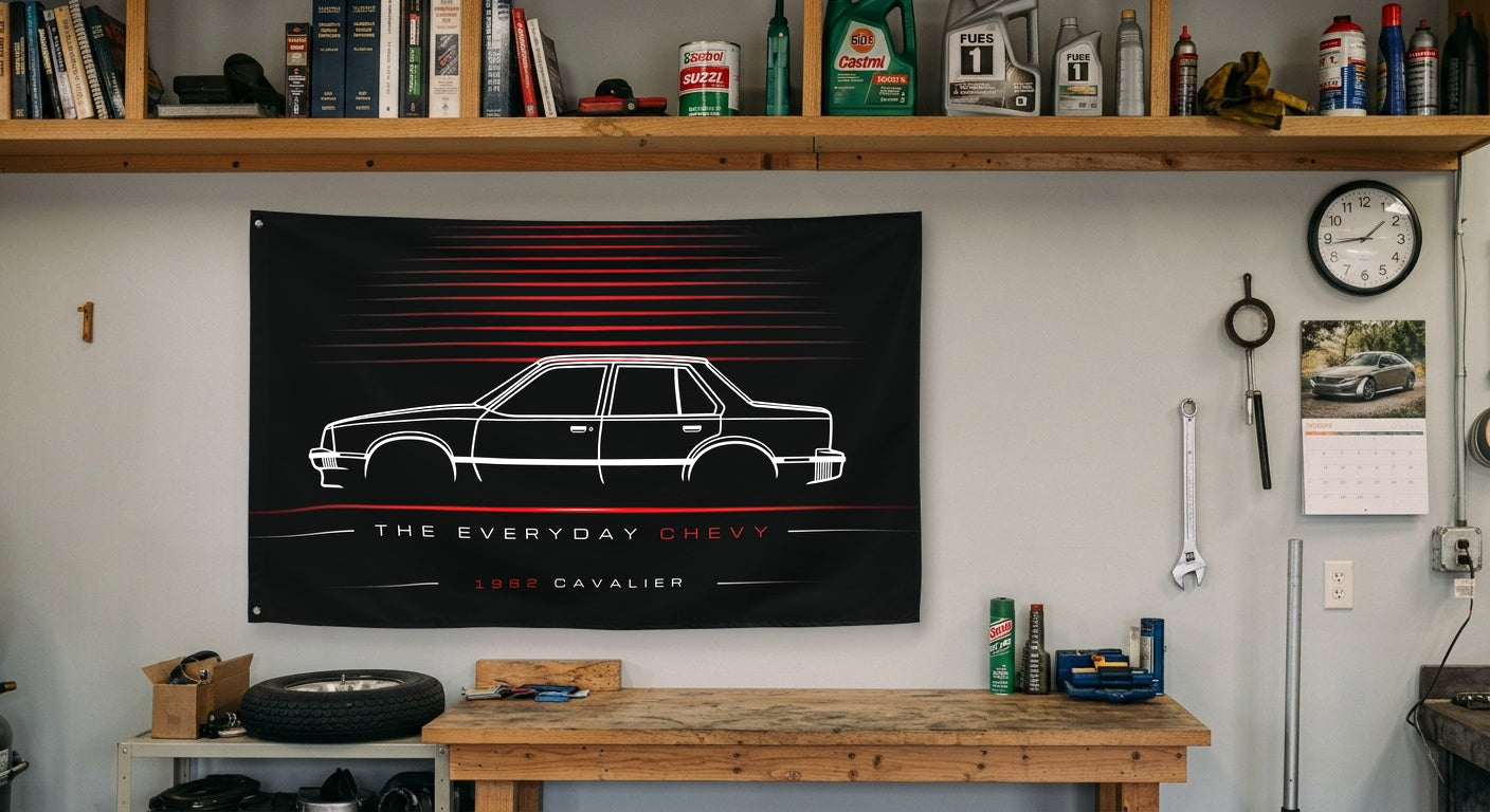 Chevrolet Cavalier 1982 car silhouette flag - Garage Workbench