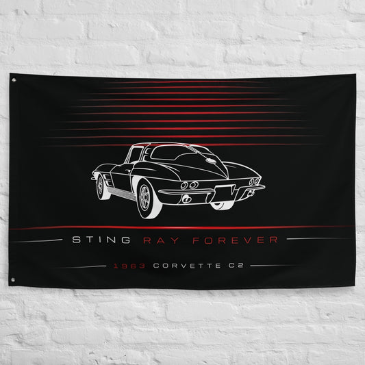 Chevrolet Corvette C2 3QTR 1963 car silhouette flag - White Brick Wall