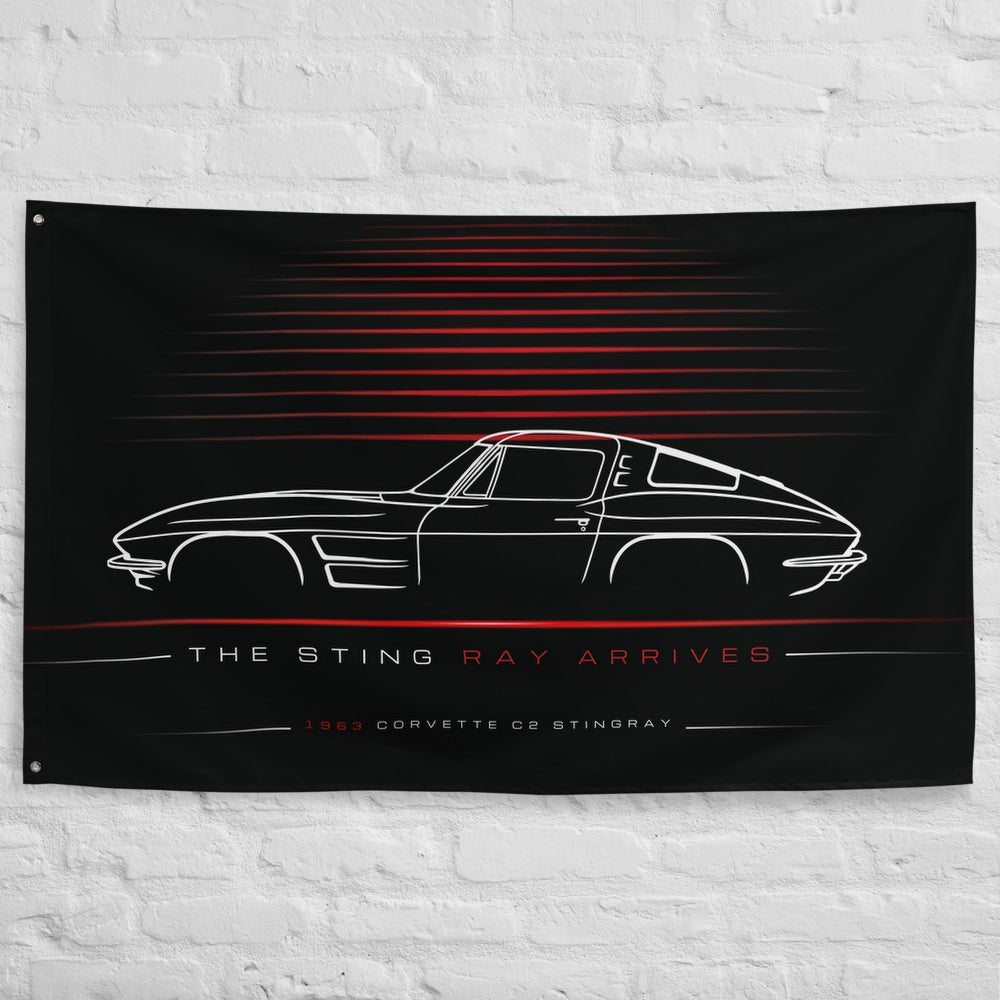 Chevrolet Corvette C2 Stingray 1963 car silhouette flag - White Brick Wall