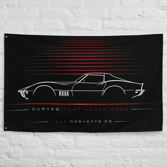 Chevrolet Corvette C3 1969 car silhouette flag - White Brick Wall