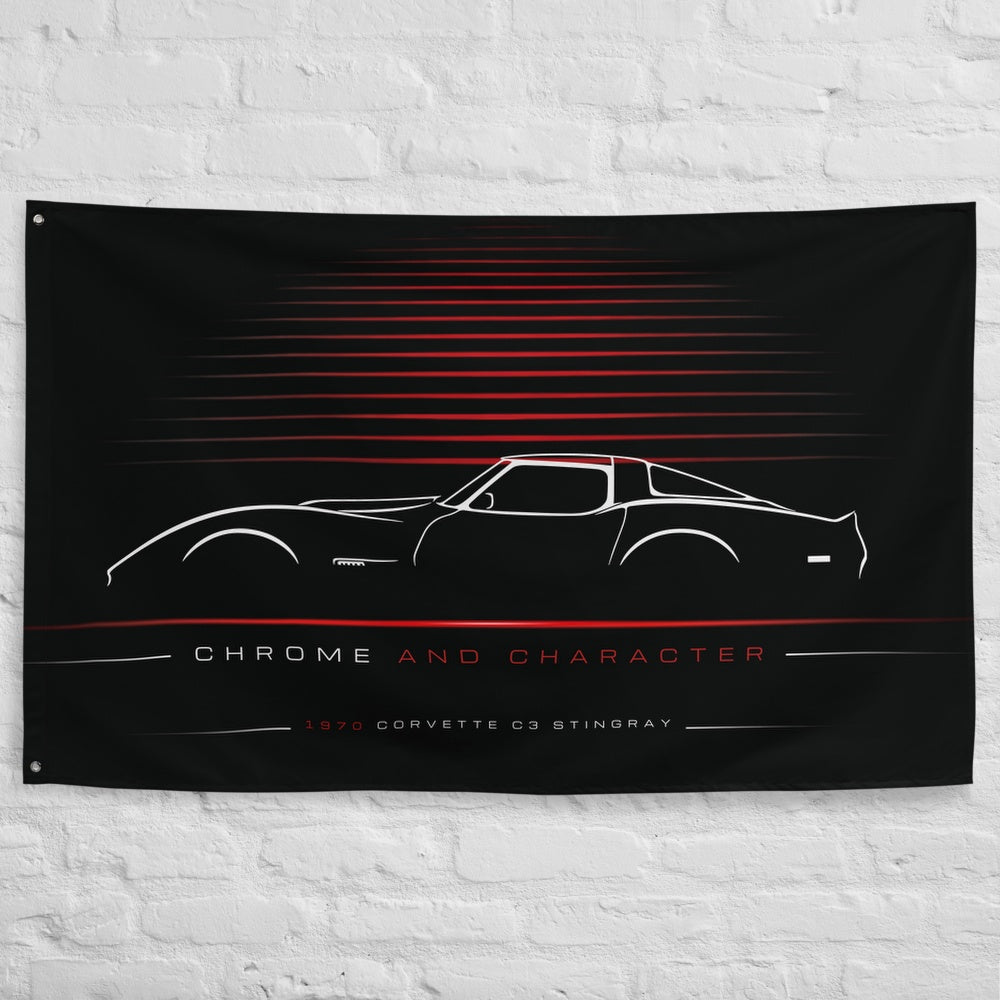 Chevrolet Corvette C3 Stingray 1970 car silhouette flag - White Brick Wall