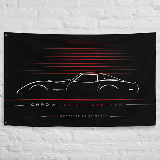 Chevrolet Corvette C3 Stingray 1970 car silhouette flag - White Brick Wall