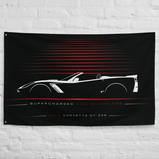 Chevrolet Corvette C7 Z06 Convertible 2015 car silhouette flag - White Brick Wall