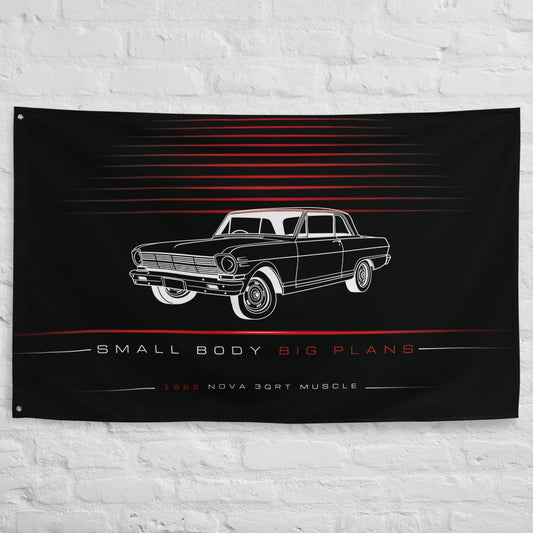 Chevrolet Nova 3QRT Muscle 1962 car silhouette flag - White Brick Wall