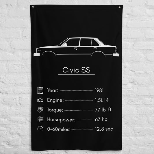 Honda Civic SS 1981 car silhouette spec flag - White Brick Wall