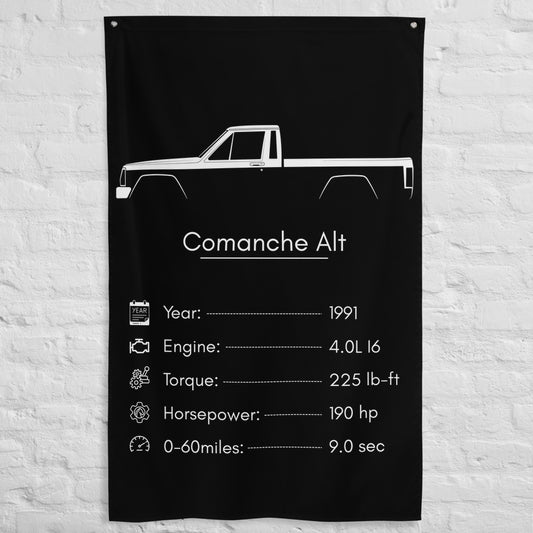 Jeep Comanche 1991 car silhouette spec flag - White Brick Wall
