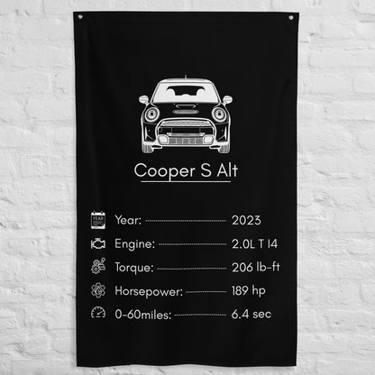 MINI Cooper S 2023 car silhouette spec flag - White Brick Wall