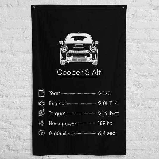 MINI Cooper S 2023 car silhouette spec flag - White Brick Wall