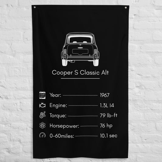 MINI Cooper S Classic 1967 (Design 2) car silhouette spec flag - White Brick Wall