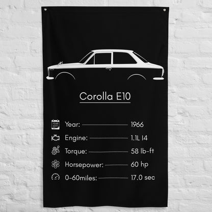 Toyota Corolla E10 1966 car silhouette spec flag - White Brick Wall