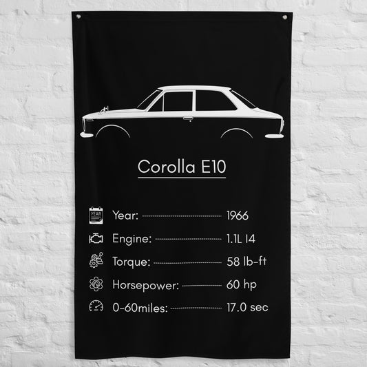Toyota Corolla E10 1966 car silhouette spec flag - White Brick Wall