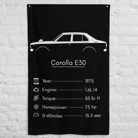 Toyota Corolla E30 1975 car silhouette spec flag - White Brick Wall