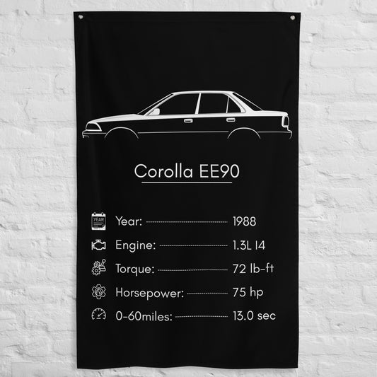 Toyota Corolla EE90 1988 car silhouette spec flag - White Brick Wall