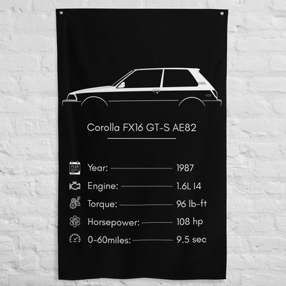 Toyota Corolla FX16 GT-S AE82 1987 car silhouette spec flag - White Brick Wall