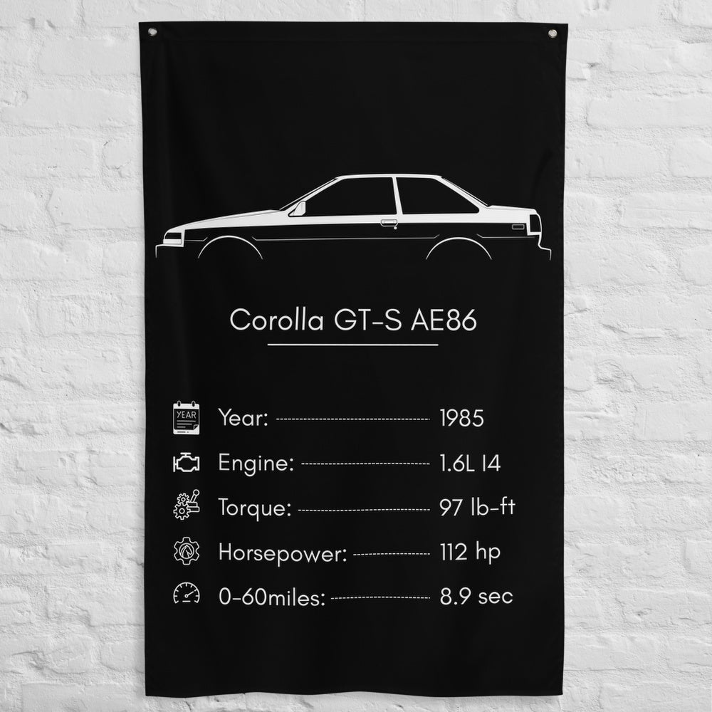 Toyota Corolla GT-S AE86 1985 car silhouette spec flag - White Brick Wall
