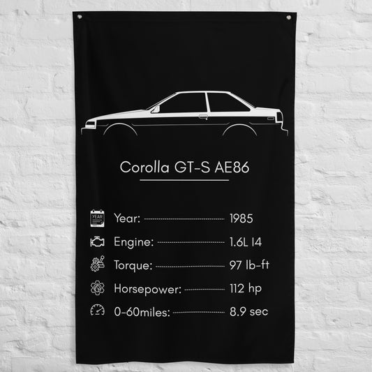 Toyota Corolla GT-S AE86 1985 car silhouette spec flag - White Brick Wall