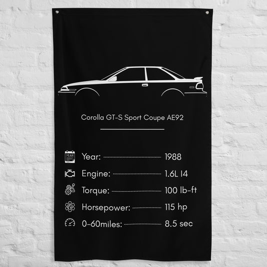 Toyota Corolla GT-S Sport Coupe AE92 1988 car silhouette spec flag - White Brick Wall