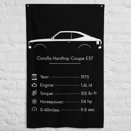 Toyota Corolla Hardtop Coupe E37 1975 car silhouette spec flag - White Brick Wall