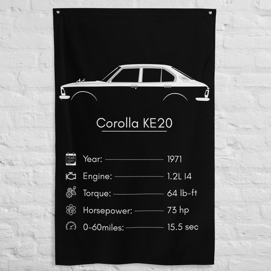 Toyota Corolla KE20 1971 car silhouette spec flag - White Brick Wall