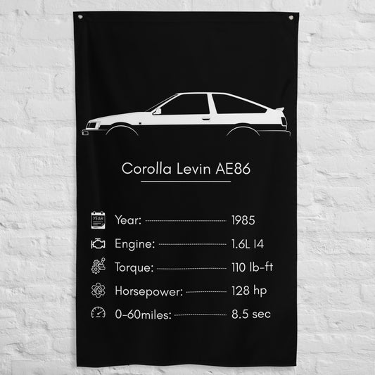 Toyota Corolla Levin AE86 1985 car silhouette spec flag - White Brick Wall