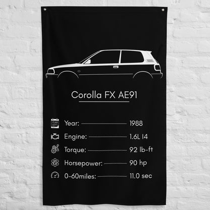 Toyota Corolla FX AE91 1988 car silhouette spec flag - White Brick Wall