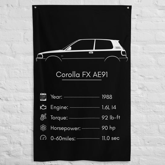 Toyota Corolla FX AE91 1988 car silhouette spec flag - White Brick Wall