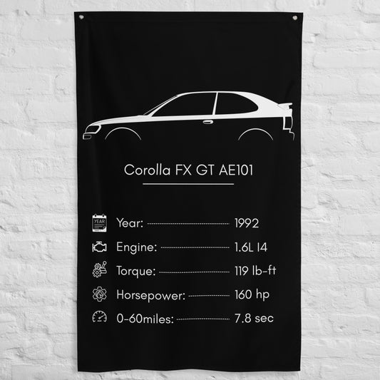 Toyota Corolla FX GT AE101 1992 car silhouette spec flag - White Brick Wall