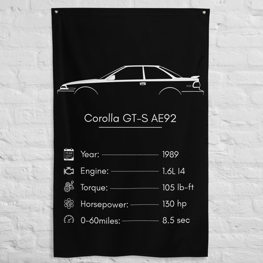 Toyota Corolla GT-S AE92 1989 car silhouette spec flag - White Brick Wall