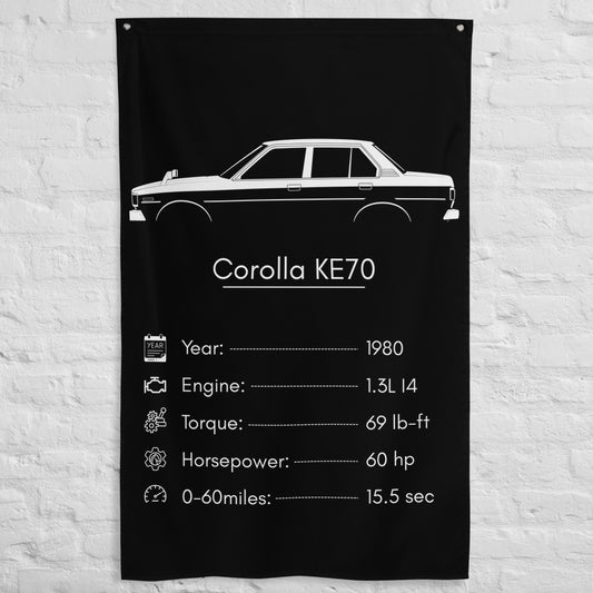 Toyota Corolla KE70 1980 car silhouette spec flag - White Brick Wall