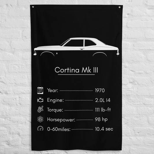 Ford Cortina Mk III 1970 car silhouette spec flag - White Brick Wall