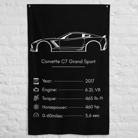 Chevrolet Corvette C7 Grand Sport 2017 car silhouette spec flag - White Brick Wall