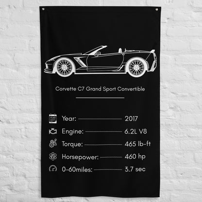 Chevrolet Corvette C7 Grand Sport Convertible 2017 car silhouette spec flag - White Brick Wall