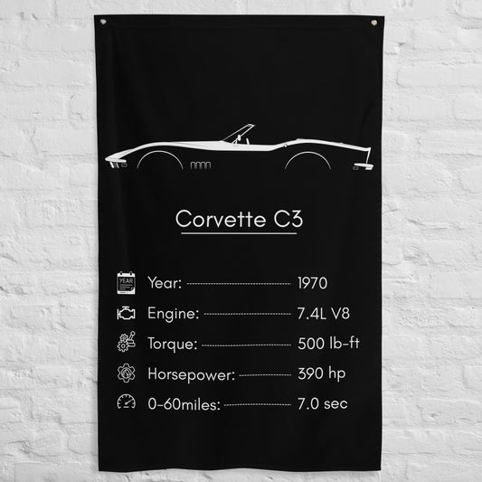 Chevrolet Corvette C3 Convertible 1970 car silhouette spec flag - White Brick Wall