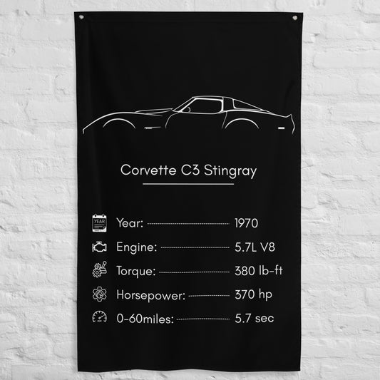 Chevrolet Corvette C3 Stingray 1970 car silhouette spec flag - White Brick Wall