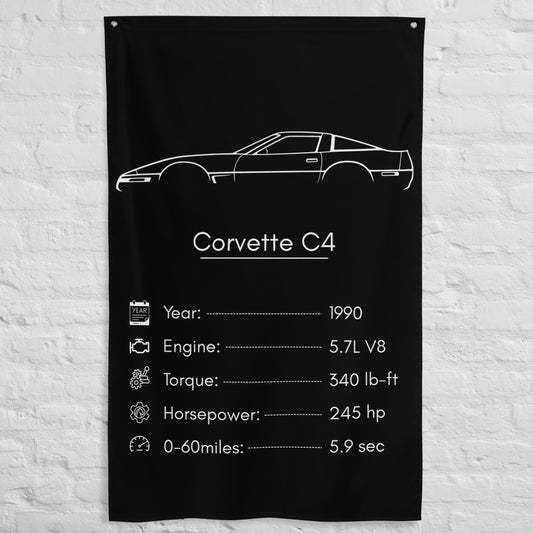 Chevrolet Corvette C4 1990 car silhouette spec flag - White Brick Wall