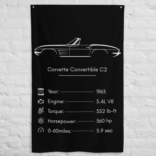 Chevrolet Corvette Convertible C2 1963 car silhouette spec flag - White Brick Wall