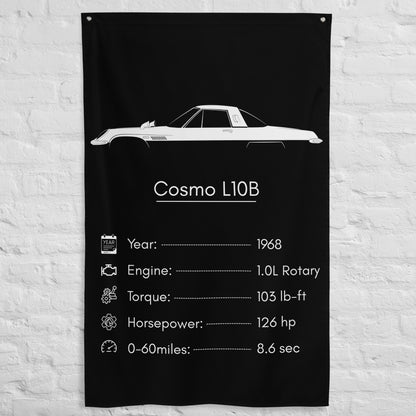 Mazda Cosmo L10B 1968 car silhouette spec flag - White Brick Wall