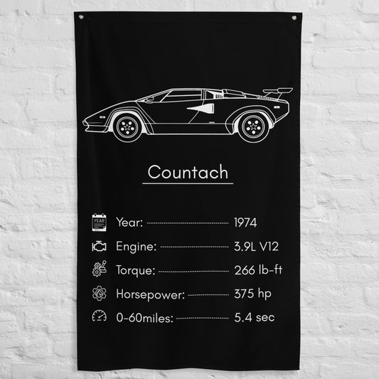 Lamborghini Countach 1974 car silhouette spec flag - White Brick Wall