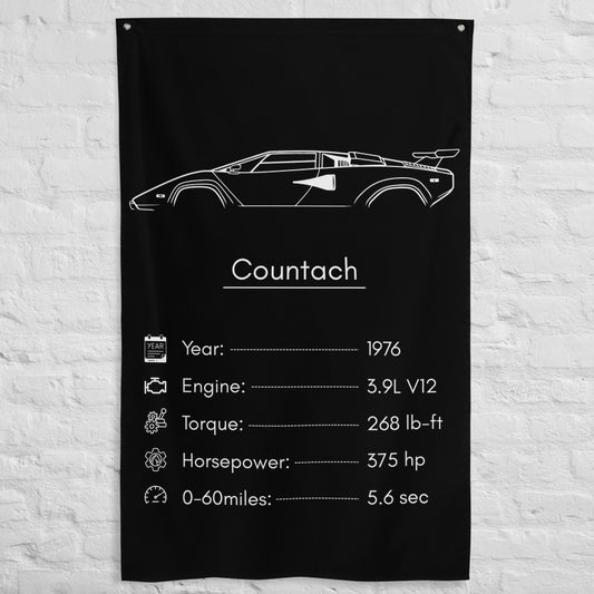 Lamborghini Countach 1976 car silhouette spec flag - White Brick Wall